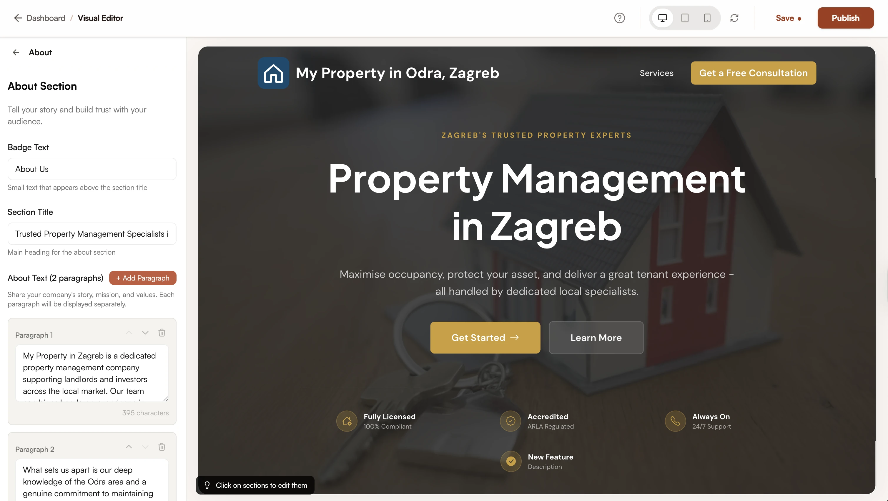 Brick's visual editor: section forms on the left ('About Section' with badge text, section title, and paragraph fields), live website preview on the right showing a polished property-management hero